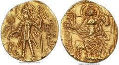 Ancients Ancient India INDIA. Kushan Empire. Shaka (ca. AD 325-345). AV dinar (23mm, 7.80 gm, 12h). MS. Reduced Kushan standard, uncertain mint. Illegible Bactrian legend, Shaka standing facing in elo