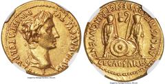 Ancients Roman Imperial Augustus (27 BC-AD 14). AV aureus (20mm, 7.84 gm, 3h). NGC Choice XF 5/5 - 4/5. Lugdunum, 2 BC-AD 4. CAESAR AVGVSTVS-DIVI F PATER PATRIAE, laureate head of Augustus right / AVG