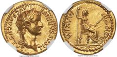 Ancients Roman Imperial Tiberius (AD 14-37). AV aureus (20mm, 7.87 gm, 12h). NGC Choice AU 5/5 - 4/5, brushed. Lugdunum, ca. AD 14-17. TI CAESAR DIVI-AVG F AVGVSTVS, laureate head of Tiberius right / 