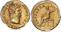 Ancients Roman Imperial Nero, as Augustus (AD 54-68). AV aureus (18mm, 7.34 gm, 8h). NGC Choice XF 5/5 - 4/5. Rome, AD 65-68. IMP NERO CAESAR-AVGVSTVS, laureate head of Nero right / IVPPITER-CVSTOS, J