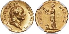 Ancients Roman Imperial Vespasian (AD 69-79). AV aureus (20mm, 7.18 gm, 6h). NGC Choice AU 5/5 - 4/5, Fine Style, light marks. Rome, AD 76. IMP CAESAR-VESPASIANVS AVG, laureate head of Vespasian right