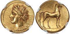 Ancients Greek ZEUGITANA. Carthage. Ca. 350-320 BC. AV stater (19mm, 9.47 gm, 1h). NGC MS S 5/5 - 3/5, Fine Style. Bust of Tanit left, hair wreathed with grain ears, wearing triple-pendant earring and