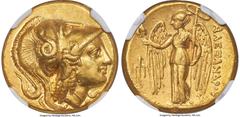 Ancients Greek MACEDONIAN KINGDOM. Alexander III the Great (336-323 BC). AV distater (21mm, 17.15 gm, 12h). NGC AU 5/5 - 1/5, repaired. Lifetime issue of Amphipolis, 325-323 BC. Head of Athena right, 