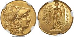 Ancients Greek MACEDONIAN KINGDOM. Philip III Arrhidaeus (323-317 BC). AV stater (19mm, 8.60 gm, 11h). NGC MS 5/5 - 4/5. Lifetime issue of Lampsacus. Head of Athena right, hair in three loose corkscre