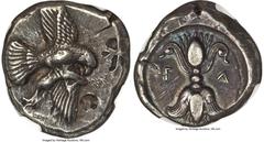 Ancients Greek ELIS. Olympia. Ca. 450-440 BC. AR stater (23mm, 12.43 gm, 10h). NGC Choice XF S 5/5 - 4/5, countermarks. Eagle flying right, wings spread above and below body, grasping hare in its talo