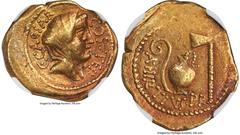 Ancients Roman Republic Julius Caesar, as Consul for the Third Time (46 BC), with Aulus Hirtius, as Praetor. AV aureus (21mm, 8.03 gm, 3h). NGC Choice VF 4/5 - 4/5, Boscoreale Tone. Rome. C•CAESAR-COS