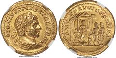Ancients Roman Imperial Caracalla, as Augustus (AD 198-217). AV aureus (20mm, 7.45 gm, 1h). NGC VF 5/5 - 2/5. Rome, AD 215. ANTONINVS PIVS AVG GERM, laureate, draped, and cuirassed bust of Caracalla r