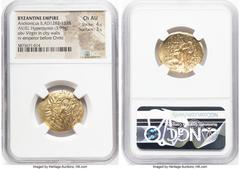 Ancients Byzantine Andronicus II Palaeologus (AD 1282-1328). AV/EL hyperpyron (24mm, 3.99 gm, 6h). NGC Choice AU 4/5 - 3/5. Constantinople. Nimbate, draped bust of the Virgin, orans, within city walls