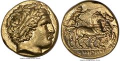 Ancients Greek MACEDONIAN KINGDOM. Philip II (359-336 BC). AV stater (17mm, 8.60 gm, 11h). XF, repaired. Posthumous issue of Lampsacus, under Philip III Arrhidaeus, ca. 323-315 BC. Laureate head of Ap