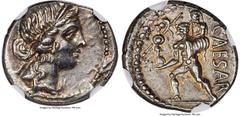Ancients Roman Republic Julius Caesar, as Dictator (49-44 BC). AR denarius (17mm, 3.92 gm, 5h). NGC AU 5/5 - 5/5. Military mint traveling with Caesar in North Africa, ca. 48-46 BC. Diademed head of Ve