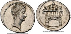 Ancients Roman Imperial Octavian, as Sole Imperator (30-27 BC). AR denarius (21mm, 4.05 gm, 4h). NGC Choice AU 4/5 - 5/5. Uncertain Italian mint (Brundisium and Rome?), ca. 30-29 BC. Bare head of Octa