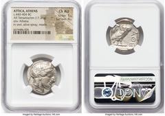 Ancients Greek ATTICA. Athens. Ca. 440-404 BC. AR tetradrachm (25mm, 17.21 gm, 7h). NGC Choice AU 5/5 - 4/5. Mid-mass coinage issue. Head of Athena right, wearing earring, necklace, and crested Attic 
