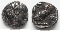 Ancients Greek ATTICA. Athens. Ca. 440-404 BC. AR tetradrachm (23mm, 13.73 gm, 9h). VF, test cut. Mid-mass coinage issue. Head of Athena right, wearing earring, necklace, and crested Attic helmet orna