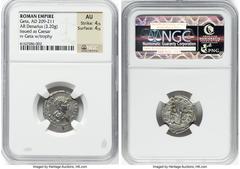 Ancients Roman Imperial Geta, as Caesar (AD 209-211). AR denarius (19mm, 3.20 gm, 1h). NGC AU 4/5 - 4/5. Rome, AD 200-202. P SEPT GETA-CAES PONT, bare-headed, draped bust of Geta right, seen from behi