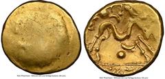 Ancients Celtic EASTERN GAUL. Ambiani. Ca. 59-50 BC. AV stater (18mm, 6.14 gm). NGC XF 4/5 - 3/5, marks. Sills Class 3b, Gallic War issue, ca. 56-55 BC. Blank convex surface / M-shaped disjointed hors