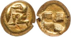 Ancients Greek MYSIA. Cyzicus. Ca. 550-450 BC. EL 1/12 stater or hemihecte (7mm, 1.38 gm). NGC VF 2/5 - 3/5, countermark. Nude youth kneeling left, holding tunny fish by the tail in right hand, left a