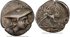 Ancients Greek AETOLIAN LEAGUE. Ca. 250-145 BC. AR triobol (16mm, 2.23 gm, 4h). NGC VF 5/5 - 2/5. Head of Atalanta to right, wearing petasus / ΑΙΤΩΛΩΝ, Calydonian boar running right, head lowered; NEY