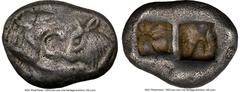 Ancients Greek LYDIAN KINGDOM. Croesus (561-546 BC). AR half-stater or siglos (17mm, 5.29 gm). NGC Choice VF 4/5 - 3/5, countermark. Croeseid standard, Sardes. Confronted foreparts of lion facing righ