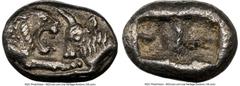 Ancients Greek LYDIAN KINGDOM. Croesus (561-546 BC). AR sixth-stater (11mm, 1.69 gm). NGC Choice XF 5/5 - 5/5. Croeseid standard, Sardes. Confronted foreparts of lion right and bull left, both with ex