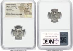 Ancients Roman Imperial Tiberius (AD 14-37). AR denarius (19mm, 3.69 gm, 6h). NGC AU 4/5 - 3/5, brushed. Lugdunum, ca. AD 14-17. TI CAESAR DIVI-AVG F AVGVSTVS, laureate head of Tiberius right / PONTIF