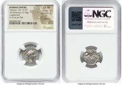 Ancients Roman Imperial Tiberius (AD 14-37). AR denarius (17mm, 3.74 gm, 10h). NGC Choice XF 4/5 - 3/5, brushed. Lugdunum, ca. AD 14-17. TI CAESAR DIVI-AVG F AVGVSTVS, laureate head of Tiberius right 