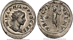 Ancients Roman Imperial Philip II, as Caesar (AD 247-249). AR antoninianus (19mm, 4.20 gm, 12h). NGC Choice AU 4/5 - 4/5. Rome. M IVL PHILIPPVS CAES, radiate, draped bust of Philip II right, seen from