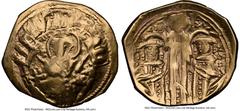 Ancients Byzantine Andronicus II Palaeologus and Michael IX (AD 1295-1320). AV/EL hyperpyron (23mm, 4.05 gm, 5h). NGC VF 3/5 - 3/5. Constantinople, ca. AD 1294-1303. Half-length figure of the Virgin M