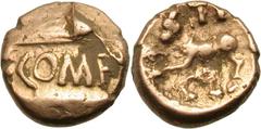 Celtic Britain. Atrebates and Regini. Tincomarus. c. 25 BC-10 AD. 1/4 Stater, 1.14g (11h). Obv: COM F in recessed tablet. Rx: Celticized horse rearing left; above, TI. Van Arsdell 388.1. Rudd, Ancient