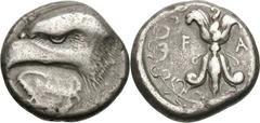 Elis. Olympia. 93rd Olympiad, c. 408 BC. Stater, 11.93g (5h). Obv: Head of eagle with piercing eye left; under its beak large ivyleaf (worn down). Rx: Thunderbolt with wings above and volutes below, F
