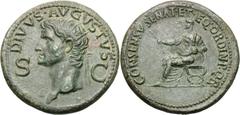 Divus Augustus and Caligula. Dupondius, 14.78g (6h). Rome, 37-41 AD. Obv: DIVVS - AVGVSTVS S - C Radiate head of Divus Augustus left. Rx: CONSENSV SENAT ET EQ ORDIN P Q R Statue of togate, bare-headed