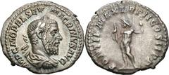Macrinus. 217-218 AD. Denarius, 3.47g (12h). Rome, 218 AD. Obv: IMP C M OPEL SEV - MACRINVS AVG Bust laureate, draped, cuirassed right, with long beard. Rx: PONTIF MAX TR P II COS II P P Jupiter stand