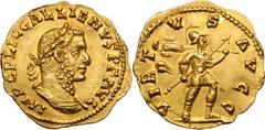 Gallienus. 253-268 AD. Reduced Aureus, 2.05g (7h). Rome, Joint Reign, 253-60 AD. Obv: IMP C P LIC GALLIENVS P F AVG bust laureate, cuirassed right, seen from front. Rx: VIRT - V - S - AVGG Mars, helme