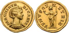 Magnia Urbica, Wife of Carinus. Aureus, 4.19g (6h). Lugdunum, 284 AD. Obv: MAGNIA VR - BICA AVG Draped bust right, wearing stephane. Rx: VENVS GE - N - ETRIX Venus standing left holding apple and scep