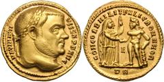 Maximianus as Senior Augustus. After abdication in 305 AD. Aureus, 5.21g (1h). Rome, 306-7 AD. Obv: MAXIMIAN - VS SEN P F AVG Head laureate right. Rx: CONCORD MILIT FELIC ROMANOR Concordia, veiled, st