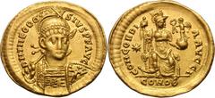 Theodosius II. 402-450 AD. Solidus, 4.46g (6h). Constantinople, 408-30 AD. Obv: D N THEODO - SIVS P F AVG Helmeted bust front holding spear over shoulder and shield. Rx: CONCORDI - A AVGG I Constantin