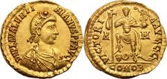 Valentinian III. 425-455 AD. Solidus, 4.45g (6h). Rome. Obv: D N PLA VALENTI - NIANVS P F AVG Rosette-diademed, draped, cuirassed bust right, seen from front. Rx: VICTORI - A AVGGG Emperor standing fa