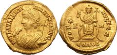Valentinian III. 425-455 AD. Solidus, 4.49g (12h). Rome, 435 AD. Obv: D N PLA VALENTI - NIANVS P F AVG Rosette-diademed bust left, almost half length, seen from front, wearing consular robes and holdi