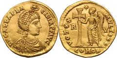 Galla Placidia, Mother of Valentinian III. Solidus, 3.88g (12h). Ravenna, c. 426-30 AD. Obv: D N GALLA PLA - CIDIA P F AVG Pearl-diademed, draped bust right, Chi-Rho on shoulder, above Hand of God hol