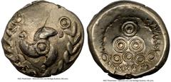 Ancients Celtic CENTRAL EUROPE. The Vindelici. 1st century BC. AV stater (17mm, 6.26 gm, 5h). NGC AU 4/5 - 4/5. Regenbogenschüsselchen type. Triskeles counter-clockwise, pellet within an annulet at ce