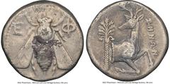 Ancients Greek IONIA. Ephesus. Ca. 4th century BC. AR tetradrachm (23mm, 12h). NGC Fine. Ca. 350-340 BC, Zenon, magistrate. E-Φ, bee with straight wings seen from above / ZHNΩN, forepart of stag kneel