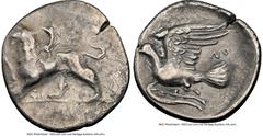 Ancients Greek SICYONIA. Sicyon. Ca. 350-280 BC. AR triobol (17mm, 9h). NGC VF, marks. Chimera standing left, raising right forepaw; ΣI below / Dove flying left; NO above tail. HGC 5, 213. BCD Pelopon