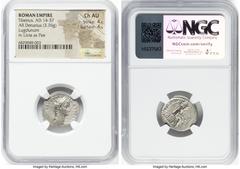 Ancients Roman Imperial Tiberius (AD 14-37). AR denarius (19mm, 3.76 gm, 2h). NGC Choice AU 4/5 - 4/5. Lugdunum, ca. AD 14-17. TI CAESAR DIVI-AVG F AVGVSTVS, laureate head of Tiberius right / PONTIF-M