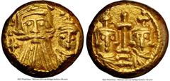 Ancients Byzantine Constans II Pogonatus with Constantine IV, Heraclius, and Tiberius (AD 659-668). AV solidus (11mm, 4.51 gm, 6h). NGC Choice XF 4/5 - 4/5. Carthage, AD 659-668. Facing draped busts o