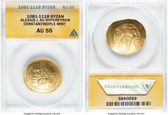 Ancients Byzantine Alexius I Comnenus (AD 1081-1118). AV hyperpyron (28mm, 6h). ANACS AU 55. Constantinople, post-reform coinage, AD 1092-1118. + KЄ RO-HΘЄI, Christ seated facing on backless throne, w