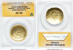 Ancients Byzantine Manuel I Comnenus (AD 1143-1180). AV hyperpyron (29mm, 6h). ANACS AU 55. Constantinople, AD 1143-1152. +KERO-HΘEI, facing bust of youthful, beardless Christ, wearing nimbus cruciger
