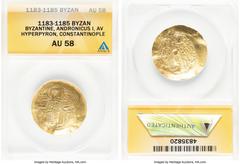 Ancients Byzantine Andronicus I Comnenus (AD 1183-1185). AV hyperpyron (28mm, 5h). ANACS AU 58. Constantinople. Full-length figure of the Virgin seated facing on throne, holding nimbate head of infant