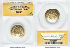 Ancients Byzantine Alexius III Angelus-Comnenus (AD 1195-1203). AV hyperpyron (25mm, 6h). ANACS AU 50. Constantinople. Christ standing facing on dias, wearing nimbus cruciger with five pellets in each