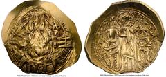 Ancients Byzantine Andronicus II Palaeologus and Michael IX (AD 1295-1320). AV/EL hyperpyron (26mm, 3.97 gm, 6h). NGC AU 3/5 - 2/5, graffito. Constantinople, ca. AD 1294-1303. Half-length figure of th