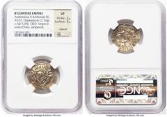 Ancients Byzantine Andronicus II Palaeologus (AD 1282-1328), with Michael IX. AV/EL hyperpyron (21mm, 2.76 gm, 5h). NGC VF 2/5 - 2/5, clipped. Constantinople, ca. AD 1294-1303. Half-length figure of t