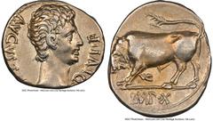 Ancients Roman Imperial Augustus (27 BC-AD 14). AR denarius (19mm, 3.78 gm, 8h). NGC XF 4/5 - 4/5. Lugdunum, ca. 15-13 BC. AVGVSTVS-DIVI•F, bare head of Augustus right / IMP•X, bull charging left, hea